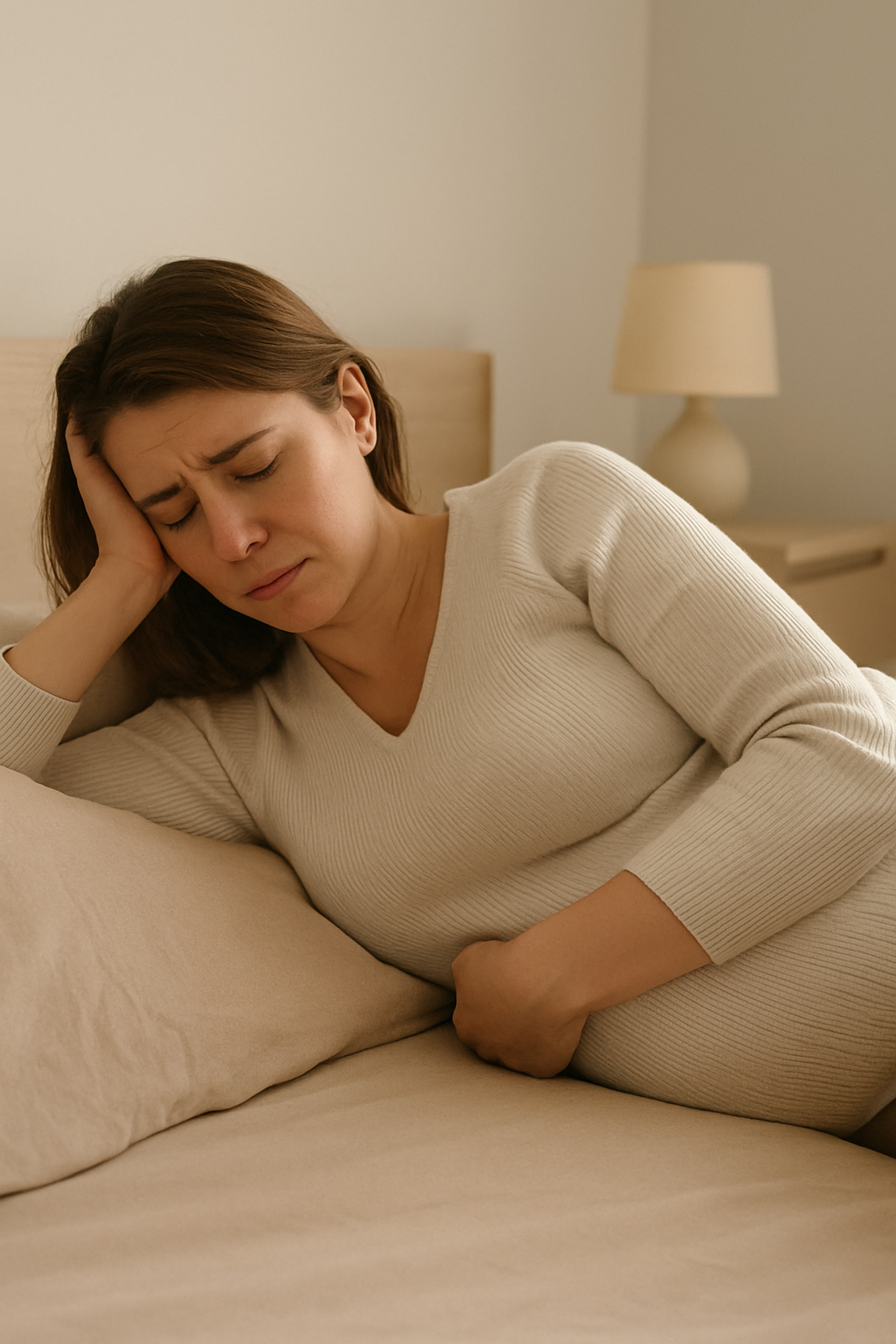 Femme enceinte seule dans son lit, regardant par la fenêtre
