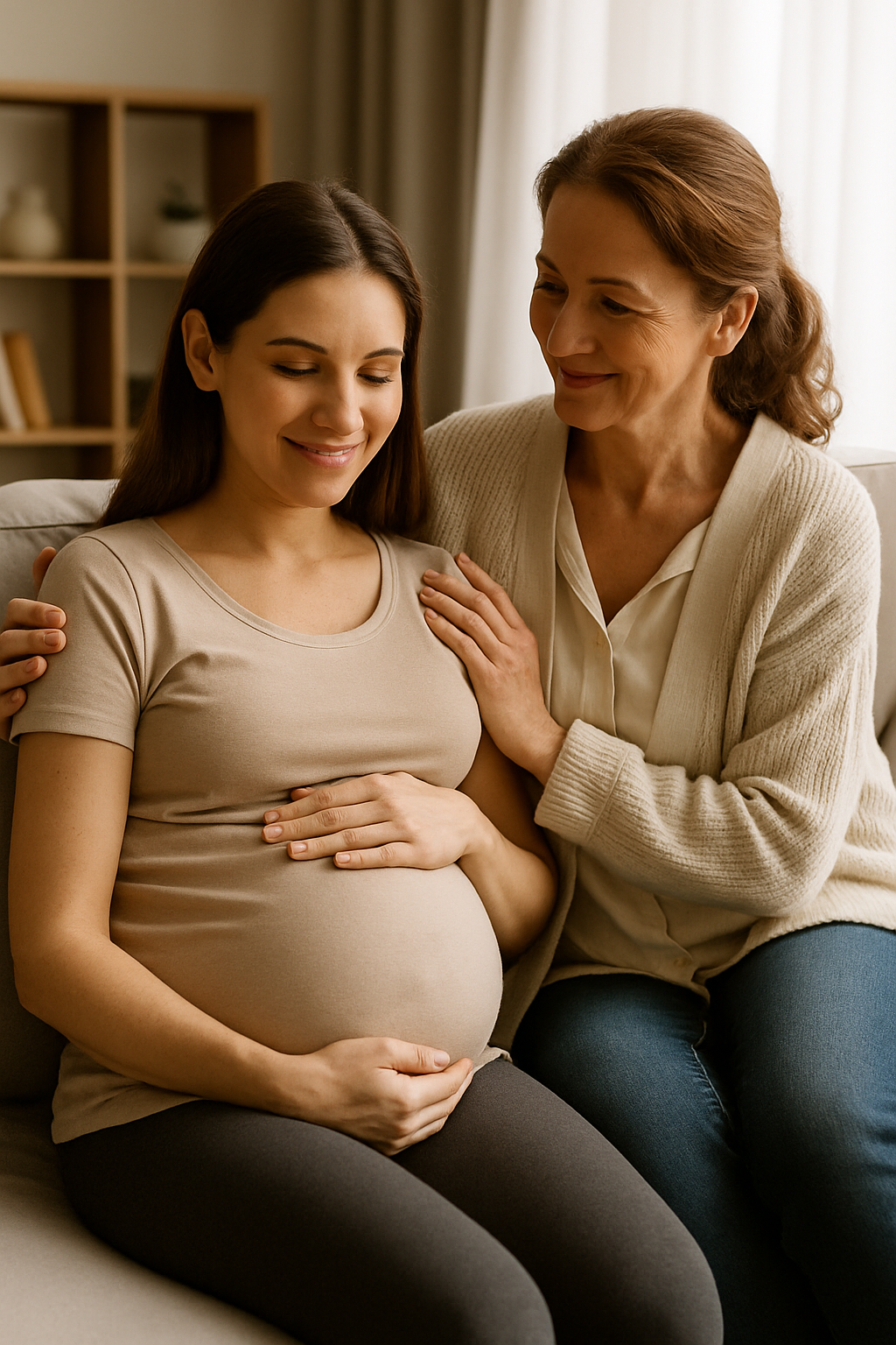 Moment serein entre une femme enceinte et une accompagnante dans une atmosphère paisible