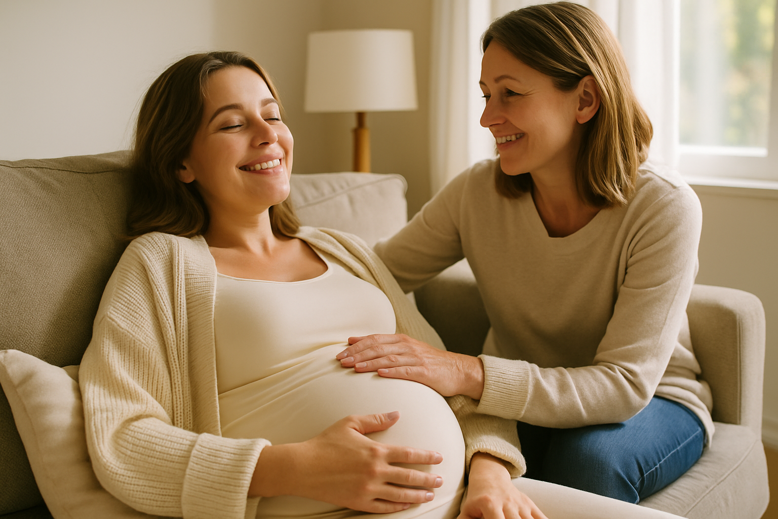 Accompagnante prenant soin d'une future maman dans un intérieur chaleureux