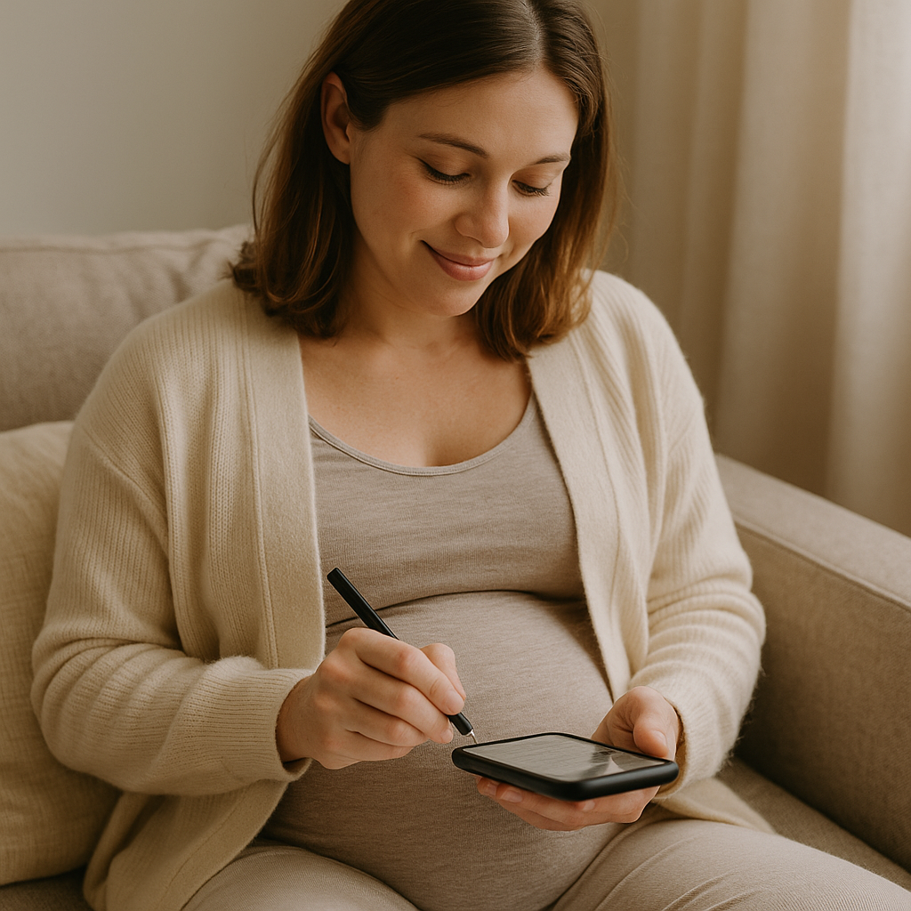 Femme enceinte remplissant un formulaire avec sérénité